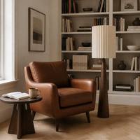 Lampe sur pied en résine avec base conique effet bois, abat-jour plissé en tissu accordéon, style nordique pour salon, chambre, coin lecture, E27