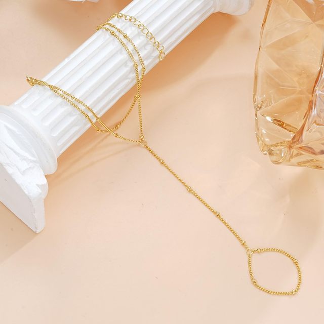 Fashion 18K Gold Plated Brass Women's Wedding Finger Ring Bracelet Set with Beads Chain Waterproof Design