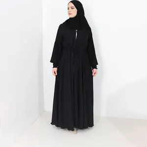 Classic 2 pieces simple plain black abaya hijab wholesale satin balloon sleeves dubai black open abaya with chiffon scarf