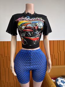Conjunto de 2 Piezas PEEQI, Camiseta de Algodón con Estampado Gráfico y Remaches, Top y Shorts, Conjunto <span class=keywords><strong>Casual</strong></span> de Verano para Mujer - Product Image 5