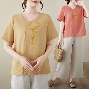 Cotton Linen Short Sleeve T-Shirt With Embroidery Loose Fit Women's Summer Top Yellow Orange Red White Purple Pink - Product Image 1