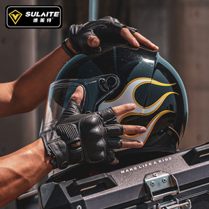 SULAITE Gants de moto demi-doigts unisexes en cuir noir avec fermeture éclair, respirants, protection pour hommes et femmes - Product Image 2