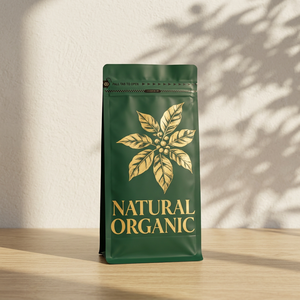Bolsa Doypack de Café Orgánico Natural con Diseño de Hoja de Oro Verde, Grado Alimenticio, Laminada BOPP, Termosellable con Tirador - Product Image 2