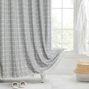 72*72" French Country Modern Plaid Decorative Square Couch Accent Gray Linen Shower Curtain With Tassels/