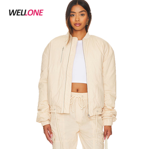 Cut and Sew Nylon Wholesale Custom Silk Screen Printing Zip up Lady Blank <strong>Beige</strong> Fashion <strong>Womens</strong> Bomber <strong>Jacket</strong> - Product Image 1