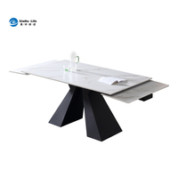 Table à manger extensible en pierre frittée, motif marbre blanc, base noire géométrique, 6-8 places, mobilier de salle à manger moderne
