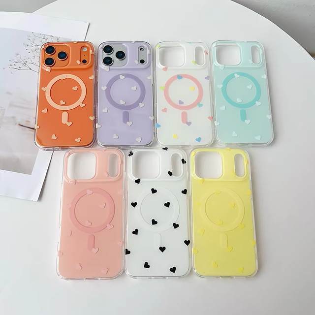 Magnetic Full Coverage Love Heart Pattern Shockproof Case for iPhone 12 13 14 15 16 Pro Max 17 Air 16 Plus Candy Cover