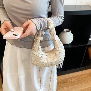 White Beaded Sequined Bohemian <b>Shoulder</b> Bag With Zipper Closure Single <b>Strap</b> Women's Handbag - Product Image 1