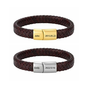 Gelang kulit baja tahan karat pria emas perak tanggal nama <span class=keywords><strong>LOGO</strong></span> gelang ukir kustom dengan gesper magnetik untuk ukiran - Product Image 4
