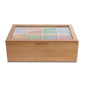 Caja de almacenamiento de té de bambú, rejilla rectangular de madera con tapa para aperitivos de té - Product Image 1