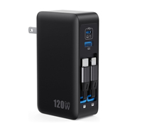 Pengisi Daya Dinding Lipat Elektrik USB C 120W dengan Kabel Terintegrasi, Pengisi Daya Cepat GaN PD 65W untuk Laptop MacBook/iPad dengan OVP