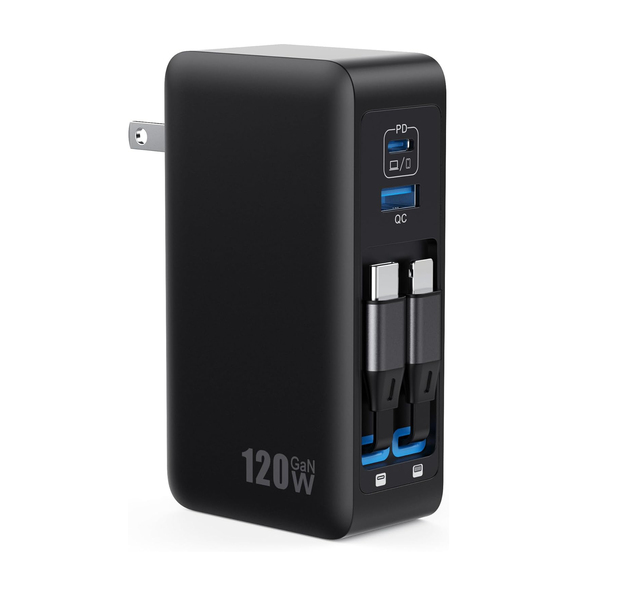 120W USB C Electric Foldable Wall Charger Built-in Cables GaN Fast Charger PD 65W Laptop MacBook/iPad for for OVP