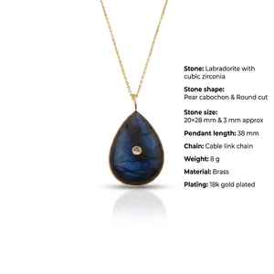 Collar con Colgante de Labradorita Azul Fuego en Forma de Lágrima con Circonita Cúbica, Engaste de Bisel Chapado en Oro de 18k, Cadena de Latón para Mujer - Product Image 1