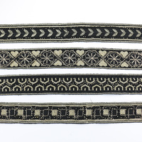 Garniture de dentelle brodée noire en polyester de haute qualité avec paillettes et perles dorées