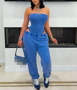 Washed <strong>Strapless</strong> <strong>Bodysuit</strong> and Jogger Pants Set for Women 2025 Trendy Two Pieces Jogging Suit Active 2 Piece Sets - Product Image 3