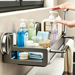 Étagère de rangement murale en métal à <span class=keywords><strong>ventouse</strong></span> pour cuisine, sans perçage, pour éponges et torchons, à fixer sur robinet d'évier - Product Image 2