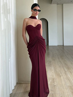 Robe de soirée sur mesure haute couture, sans bretelles, avec baleines, plissée en maille détachable, style sirène pour femme