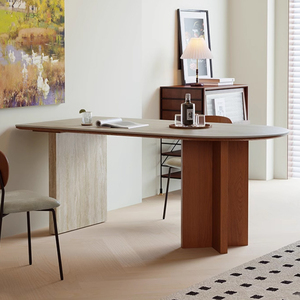 Apartamento pequeño francés <span class=keywords><strong>Mesa</strong></span> de isla <span class=keywords><strong>semicircular</strong></span> Estilo medieval Travertino doméstico <span class=keywords><strong>Mesa</strong></span> de comedor de madera maciza SC627 - Product Image 2