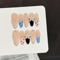 Faux Ongles à Presser pour Femme, Bleu Noir, Longs Carrés, Motif Léopard Français, Breloque Fleur 3D pour un Style Ludique et Tendance