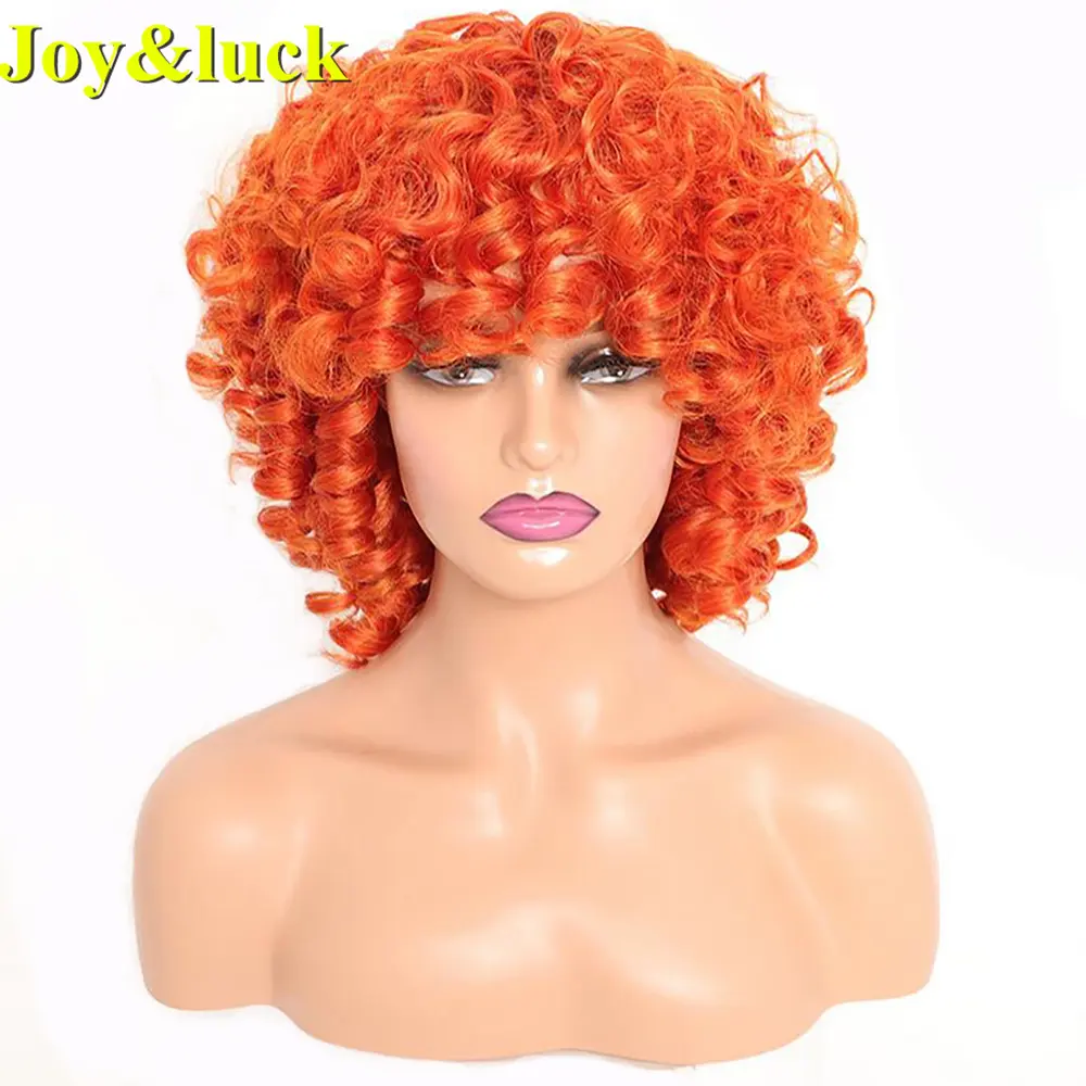 Wholesale Ladies Wigs High Quality Cosplay Adjustable Size Bouncy Curly Shoulder Hair Orange Color Short Natural Curly Full Wigs