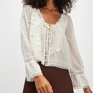 Camicetta a Maniche Lunghe con Bordo in Pizzo 95% Cotone 5% Poliestere per Donna Primavera Estate 2026 Camicia Larga con Lacci Frontali e Bottoni - Product Image 1