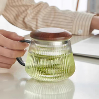 Mug à thé en verre à rayures verticales avec couvercle en bois, infuseur à thé amovible, tasse à thé de bureau pour thé en feuilles