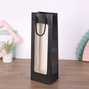 manufacturer bespoke 1 glass bottle red wine boxes bio-degradable elegant transparent window wine packing paper bag with handle