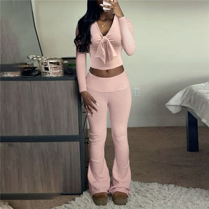 Soild Color papillon Casual t-shirt manica lunga <span class=keywords><strong>pantaloni</strong></span> <span class=keywords><strong>in</strong></span> <span class=keywords><strong>vita</strong></span> elastica Sexy Street Fashion autunno completo - Product Image 3