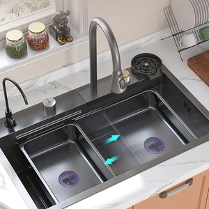 Évier de cuisine en acier inoxydable noir à cuve unique de 30 pouces, tendance TikTok, avec robinet cascade et ensemble d'évier de cuisine à tirage gauche - Product Image 1
