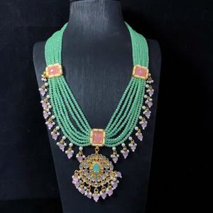 Parure de bijoux vertes pour femme, style indien traditionnel, collier Kundan, perles longues de Tahiti, style bohème, Punjabi - Product Image 4
