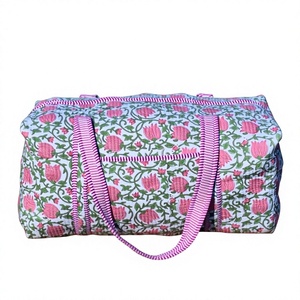 <b>Pink</b> Cotton Duffle Bag With White Pattern Zipper block printed duffle bag cotton quilted weekender travel bag handmade floral - Product Image 1
