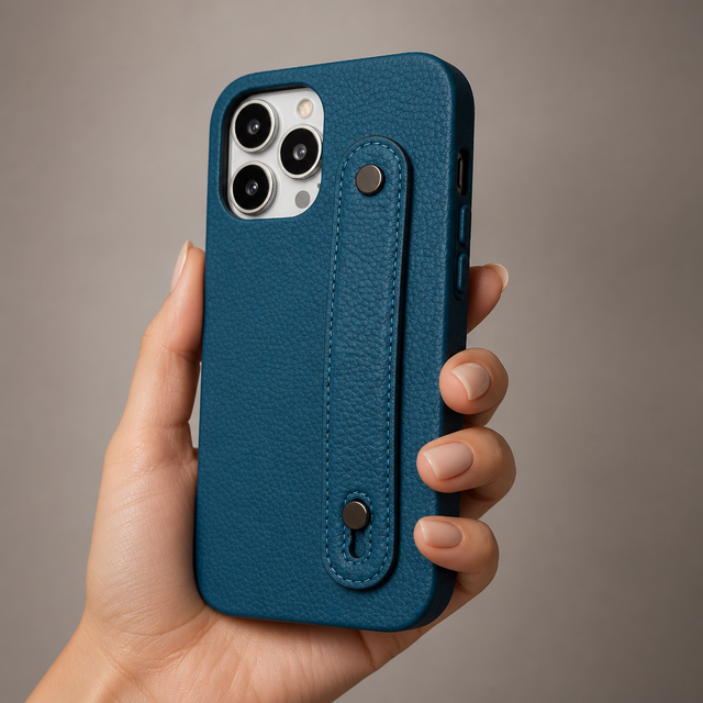 Pebbled Leather Wrist Strap Phone Case Dual Rivet Secure Hand Strap Leather Shockproof Cover for iPhone Factory ODM