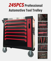 Chariot à outils mécaniques robuste de 245 pièces avec 6 plateaux en mousse EVA, glissières industrielles et 4 roulettes pivotantes pour l'entretien automobile