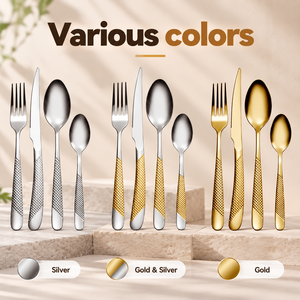 ชุดช้อนส้อมหรูหราสีเงินยาวขายดี ดีไซน์ลายตอกทอง - Product Image 2