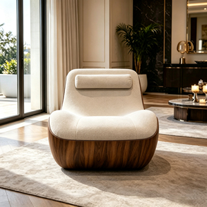 Fauteuil lounge en fibre <span class=keywords><strong>de</strong></span> verre <span class=keywords><strong>de</strong></span> style mid-century avec base finition grain <span class=keywords><strong>de</strong></span> bois et revêtement en tissu crème pour un style moderne - Product Image 1