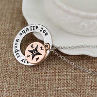 Collier Pendentif Boussole Superposé en Argent Rose avec Étoile Incrustée et Citation Gravée, Bijou Assorti pour Couple, Cadeau