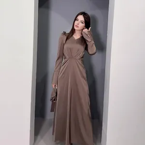 2024 Wholesale Ramadan Turkish Abaya Muslim Dress Women V Neck Kaftan Dubai Islamic Clothing Modest Evening Dress Satin Abaya