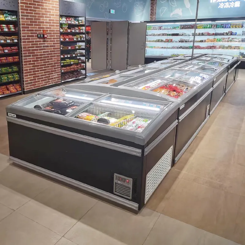 सुपरमार्केट प्रशीतन उपकरण बड़े क्षमता मांस प्रदर्शन रपट कांच दरवाजा छाती द्वीप फ्रीजर