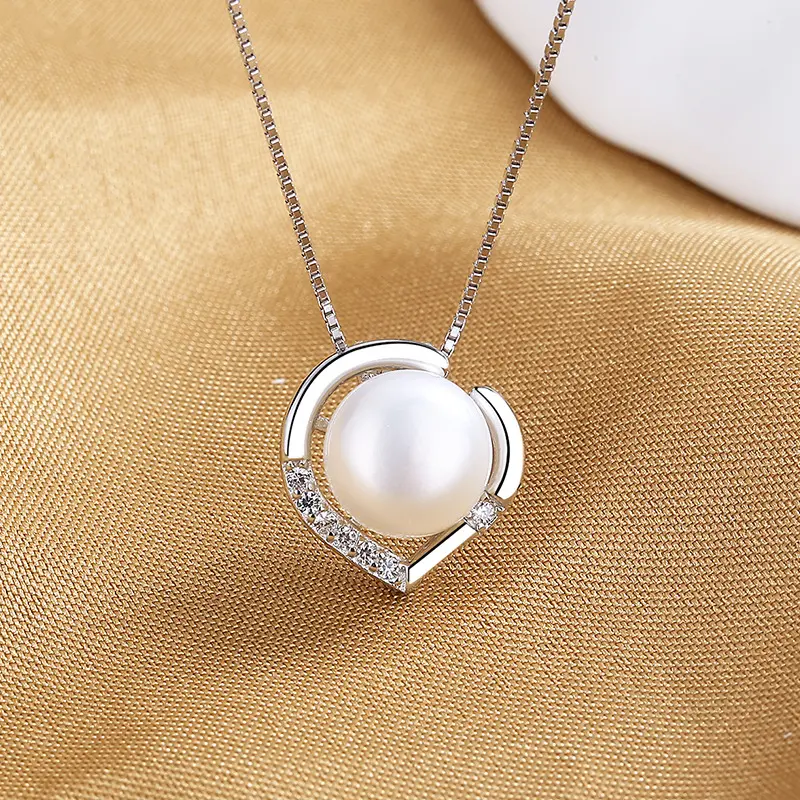 Classic Fashion Jewelry 925 Sterling Silver CZ Heart White Natural Big Pearl Pendant