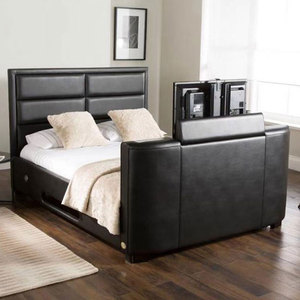 Struttura letto moderna in tessuto imbottito con supporto <span class=keywords><strong>TV</strong></span> integrato, parte letto in tessuto, struttura letto alta con <span class=keywords><strong>TV</strong></span> - Product Image 1