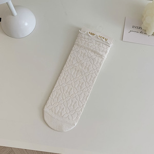 Chaussettes mi-mollet pour femme, fines, en dentelle <span class=keywords><strong>et</strong></span> résille, transparentes, à bord volanté, jacquard cœur, style décontracté, assorties au quotidien - Product Image 3