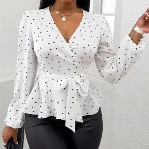 2022 Fashion Ladies Women casual Tops Blouse Random Heart Print Surplice Neck Belted Ruffle Hem Women's Blouses