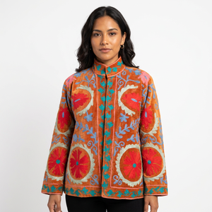 Ladies Suzani Autumn/Winter Cotton Velvet Bomber <b>Jacket</b> Full Sleeve Mandarin Collar Embroidery Floral Pattern Back Logo XL Size - Product Image 1