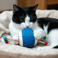 Jouet interactif pour chat en sisal avec plumes, design à double trou, balle à gratter pour chats d'intérieur