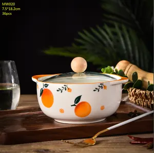 可爱日式陶瓷汤碗双手柄方便面碗玻璃盖汤锅