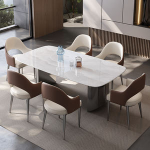 आधुनिक सरल आयताकार डाइनिंग टेबल सेट सुपर क्रिस्टल पत्थर फिनिश रॉक प्लेट डिजाइन छोटे अपार्टमेंट के लिए धातु कुर्सी - Product Image 2