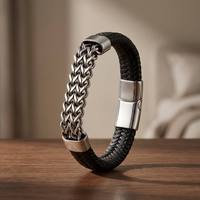 Bracelet en cuir véritable pour homme avec fermoir magnétique en acier inoxydable, double chaîne à maillons, logo personnalisé, tendance