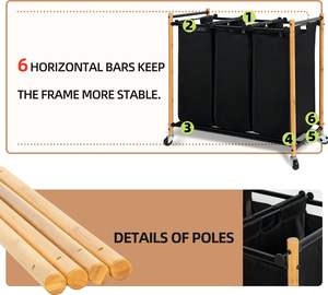<span class=keywords><strong>Panier</strong></span> à <span class=keywords><strong>linge</strong></span> en bambou, séparateur de vêtements, <span class=keywords><strong>panier</strong></span> à <span class=keywords><strong>linge</strong></span> à 3 sections, trieur de <span class=keywords><strong>linge</strong></span>, chariot à <span class=keywords><strong>linge</strong></span> avec roulettes robustes - Product Image 5