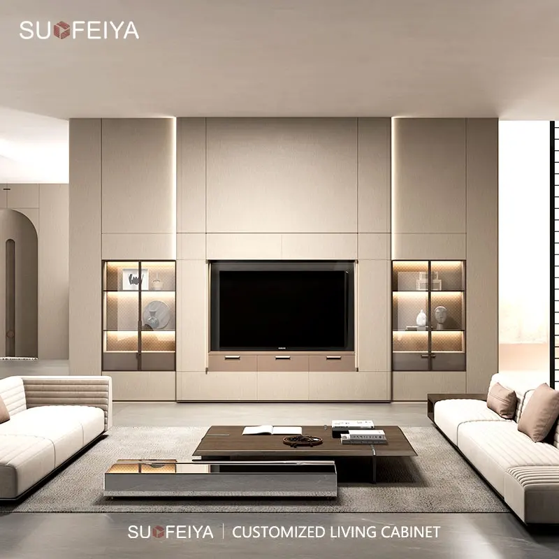 SUOFEIYA Customized Light luxury Design Gold Melamine Walk In Wardrobe Closet Center Island with Glass Door