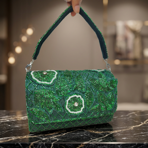 Elegant <b>Green</b> Beaded Eco-Friendly 100% Eco-Friendly Clutch Handmade <b>Evening</b> Party <b>Bag</b> with Pearl Detailing - Product Image 2